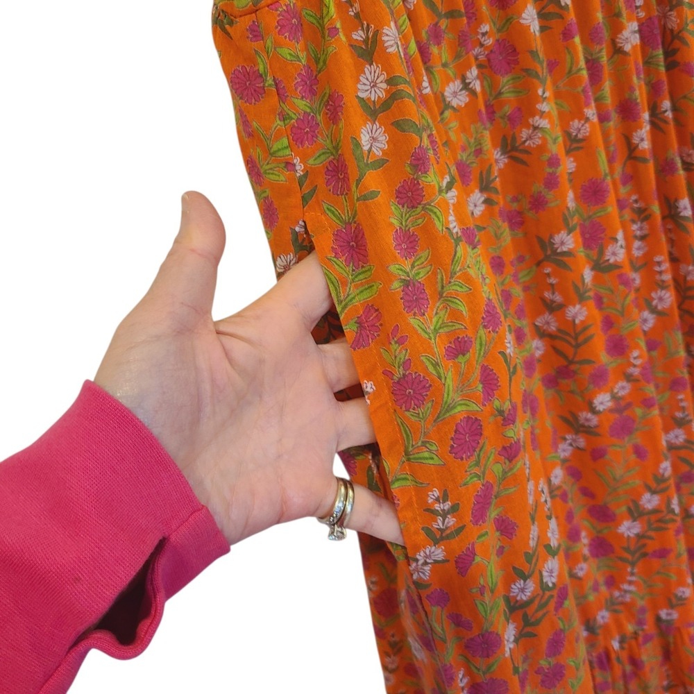 Banjanan Orange Medium Floral Boho Ruffle Tiered‎ Pockets Sleeveless Maxi Dress - Picture 3 of 7